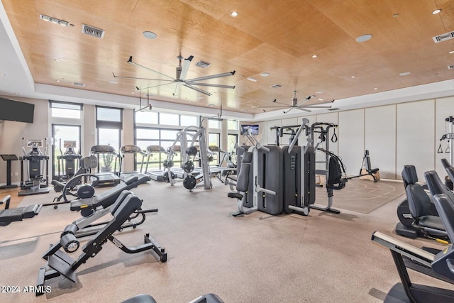 exercise room with a tray ceiling and ceiling fan