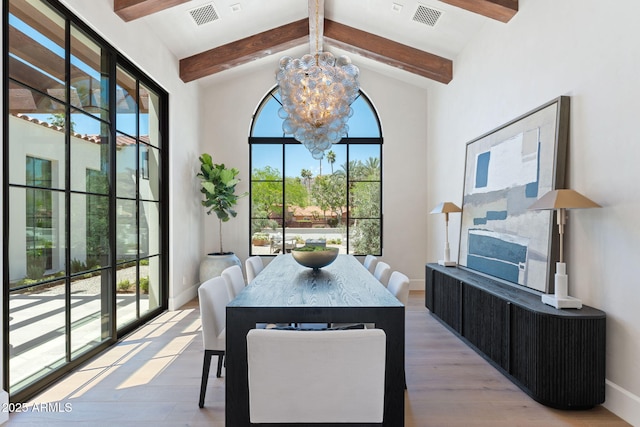 dining area with a notable chandelier, visible vents, beam ceiling, and wood finished floors