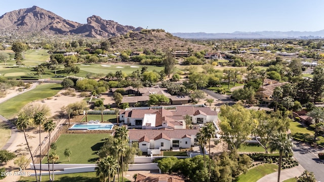 birds eye view of property with a residential view, a mountain view, and golf course view