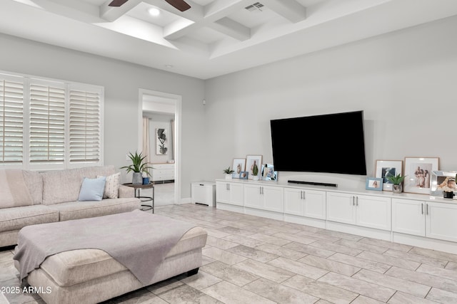 living area featuring baseboards, visible vents, coffered ceiling, a ceiling fan, and beam ceiling