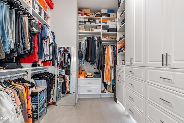 spacious closet featuring light carpet