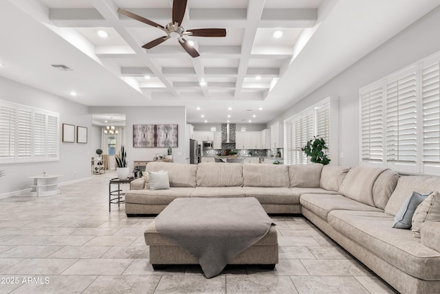 living room with baseboards, visible vents, coffered ceiling, beamed ceiling, and recessed lighting