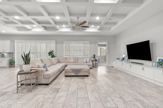 living room featuring ceiling fan, coffered ceiling, beam ceiling, and recessed lighting