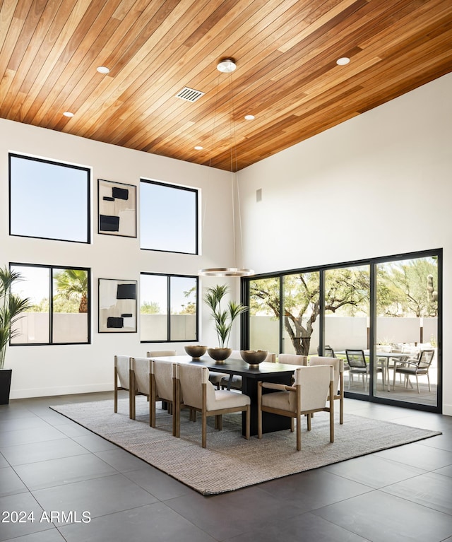 dining room featuring wooden ceiling and a high ceiling