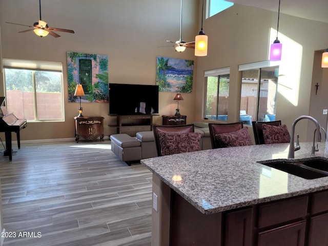 kitchen with ceiling fan, high vaulted ceiling, sink, light hardwood / wood-style floors, and decorative light fixtures