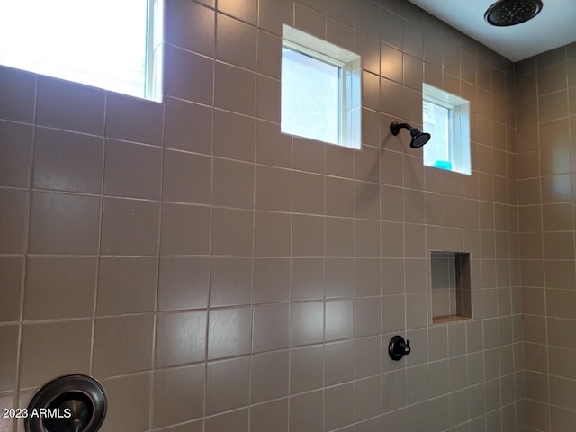 bathroom with a healthy amount of sunlight and tiled shower