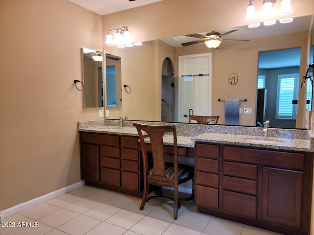 bathroom featuring tile flooring, double sink vanity, and ceiling fan