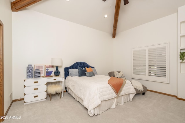 bedroom with visible vents, baseboards, vaulted ceiling with beams, recessed lighting, and light colored carpet