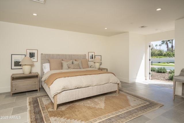 bedroom featuring recessed lighting, visible vents, baseboards, and access to outside