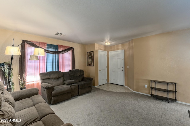 living room with light colored carpet