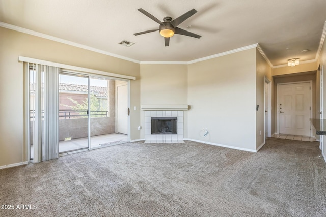 5401 E Van Buren St Unit 3048, Phoenix, AZ 85008 - unfurnished living room with ceiling fan, carpet floors, crown molding, baseboards, and a fireplace