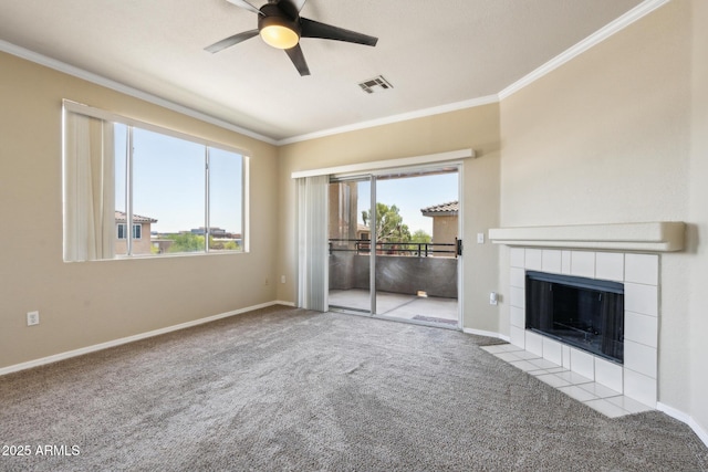 5401 E Van Buren St Unit 3048, Phoenix, AZ 85008 - unfurnished living room with carpet floors, crown molding, ceiling fan, a tile fireplace, and baseboards