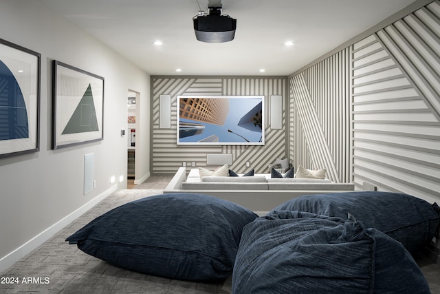 bedroom with recessed lighting, baseboards, and carpet flooring