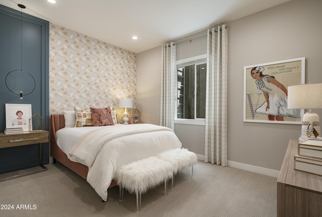 carpeted bedroom with recessed lighting and baseboards