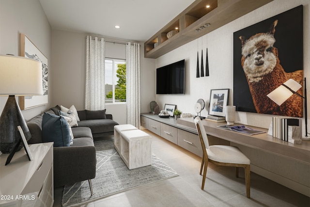 living room with light tile patterned floors, recessed lighting, and built in study area