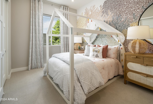 bedroom featuring recessed lighting, baseboards, and carpet floors