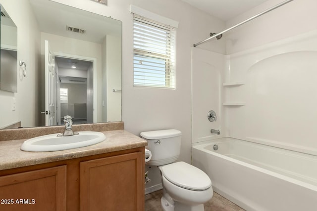 bathroom with tile patterned flooring, visible vents, toilet, shower / bathtub combination, and vanity