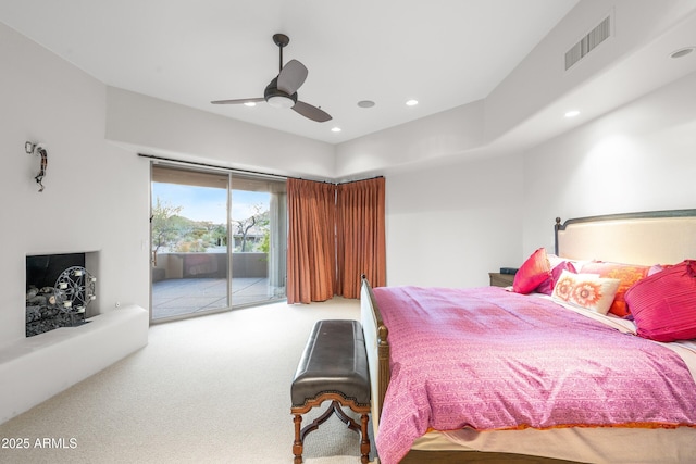 bedroom with recessed lighting, a ceiling fan, visible vents, access to exterior, and carpet