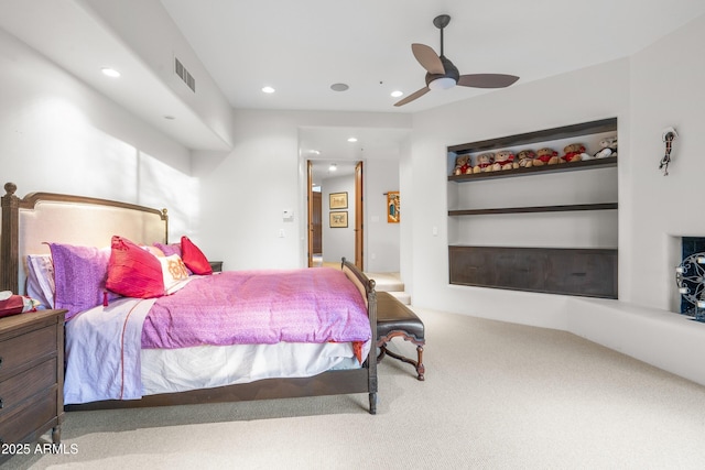 bedroom with a ceiling fan, carpet flooring, and recessed lighting