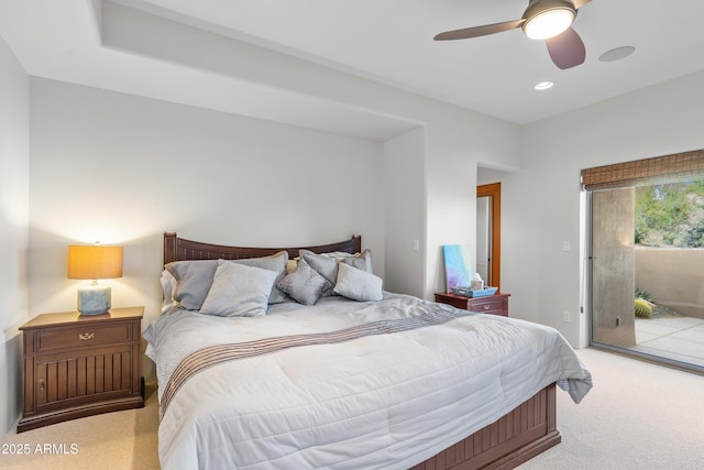 bedroom featuring recessed lighting, access to exterior, ceiling fan, and light colored carpet