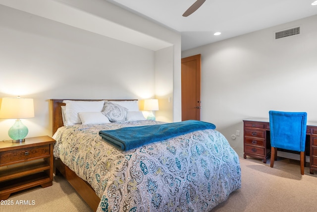 bedroom featuring a ceiling fan, visible vents, carpet flooring, and recessed lighting