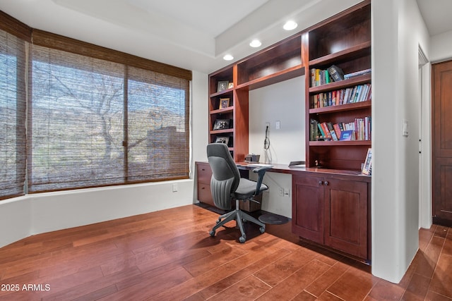 office area featuring recessed lighting and dark wood-style flooring