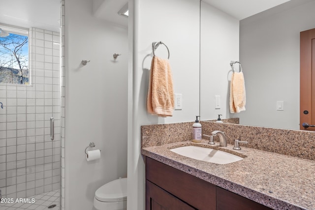 bathroom with vanity, a shower stall, and toilet