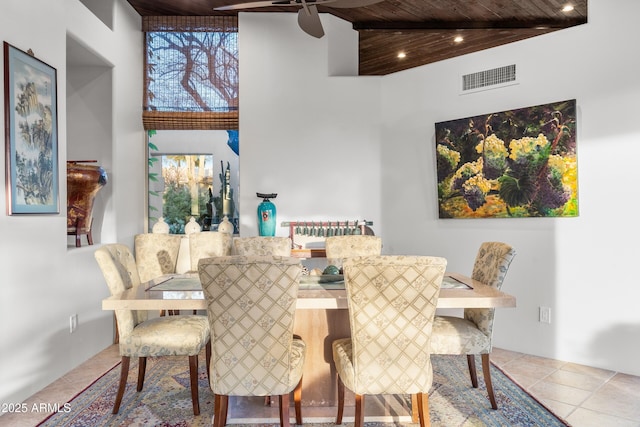 dining area with a ceiling fan, wooden ceiling, visible vents, and tile patterned floors