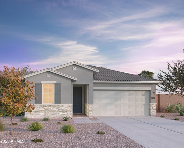 ranch-style house featuring stucco siding, driveway, a tile roof, stone siding, and a garage