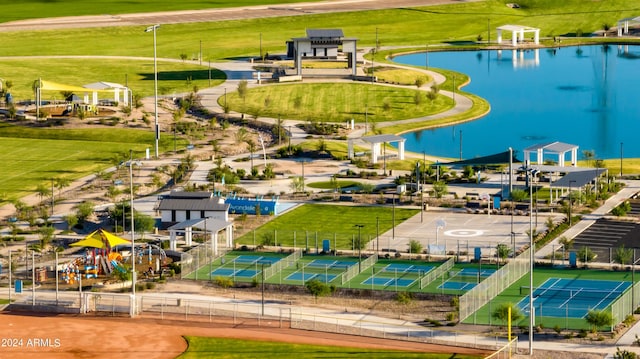 bird's eye view with a water view