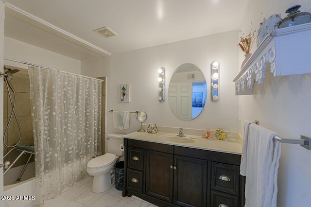 bathroom with visible vents, toilet, shower / bath combo with shower curtain, marble finish floor, and vanity