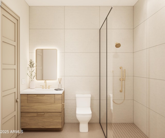 bathroom featuring vanity, toilet, tile walls, and a tile shower