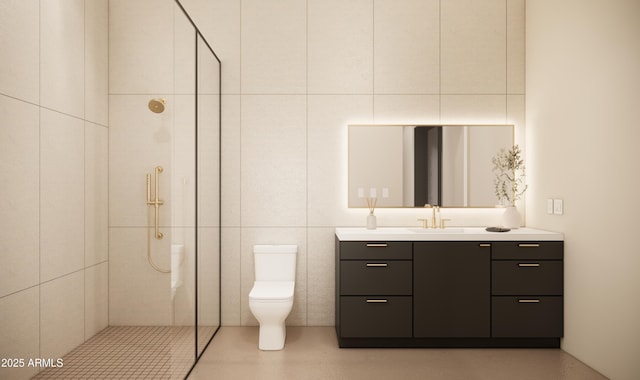 bathroom featuring a tile shower, vanity, and toilet