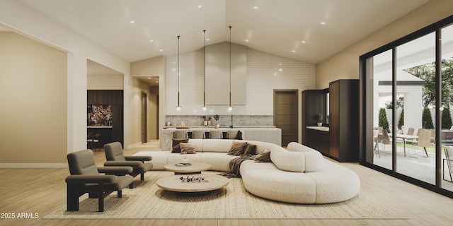 living room featuring sink, high vaulted ceiling, and light wood-type flooring