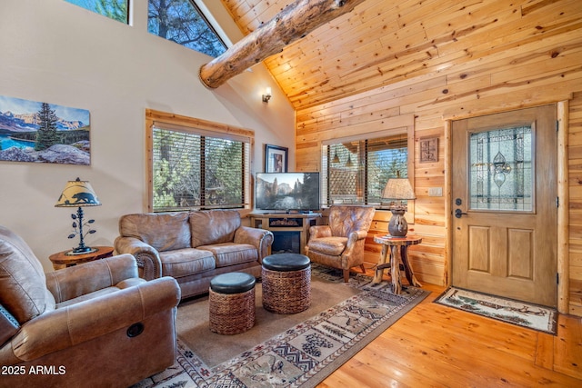 living room featuring wood walls, wooden ceiling, high vaulted ceiling, hardwood / wood-style flooring, and beamed ceiling