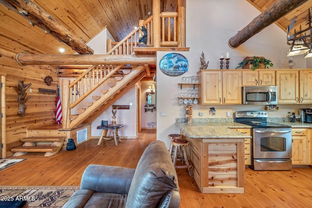 kitchen with beamed ceiling, light brown cabinets, wood ceiling, and stainless steel appliances