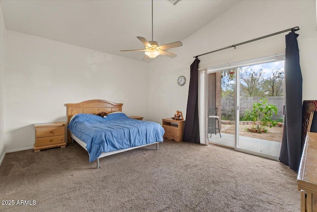 bedroom featuring access to exterior, ceiling fan, lofted ceiling, and carpet