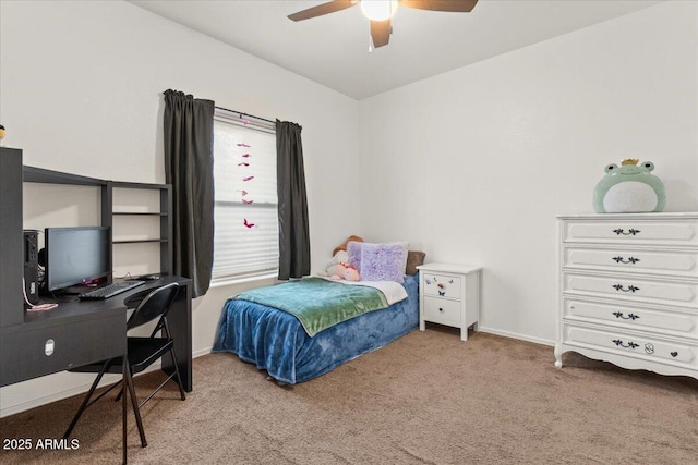 bedroom featuring baseboards, carpet floors, and a ceiling fan