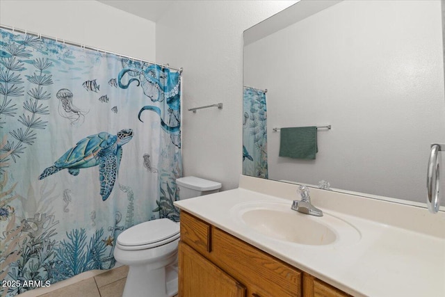 full bath with a shower with curtain, toilet, vanity, and tile patterned flooring