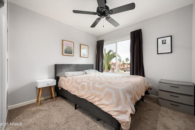 bedroom featuring light colored carpet and ceiling fan