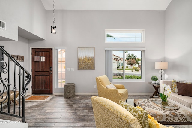 foyer entrance featuring a wealth of natural light, dark hardwood / wood-style flooring, and a high ceiling