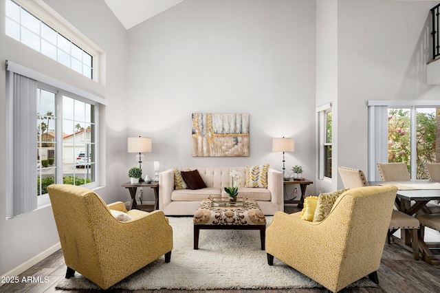 living room with a towering ceiling and dark wood-type flooring