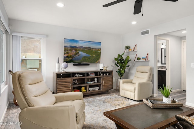 living room featuring ceiling fan and wood-type flooring