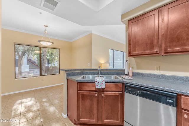 kitchen with sink, hanging light fixtures, stainless steel dishwasher, crown molding, and light tile patterned flooring