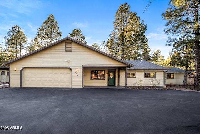 view of front of house featuring driveway, a garage, and roof with shingles