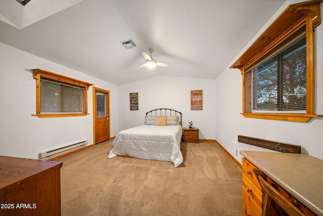 carpeted bedroom with baseboards, visible vents, lofted ceiling, ceiling fan, and baseboard heating