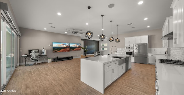 kitchen featuring decorative light fixtures, ceiling fan, decorative backsplash, appliances with stainless steel finishes, and white cabinets