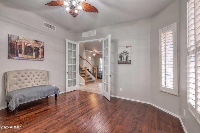 7252 E Nance St, Mesa, AZ 85207 - living area with french doors, ceiling fan, hardwood / wood-style floors, and healthy amount of natural light
