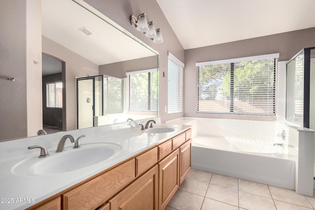3002 S Marigold Pl, Chandler, AZ 85248 - full bathroom with lofted ceiling, a bath, visible vents, and a sink