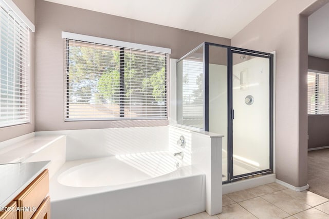3002 S Marigold Pl, Chandler, AZ 85248 - bathroom with vanity, a shower stall, a bath, and tile patterned floors